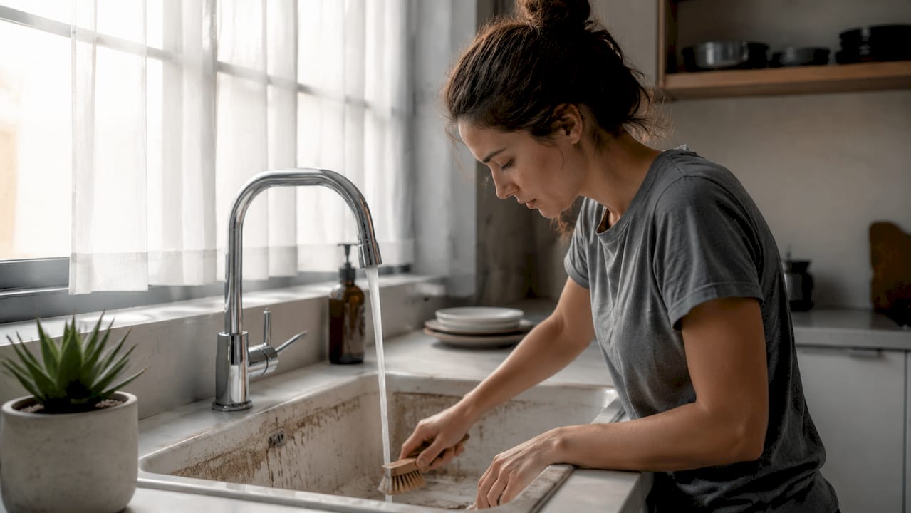Close-up of hard water mineral deposits on sink faucet