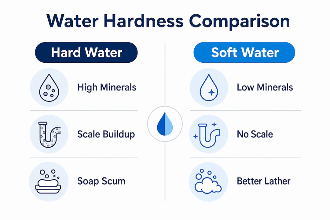 Infographic comparing hard water and soft water characteristics