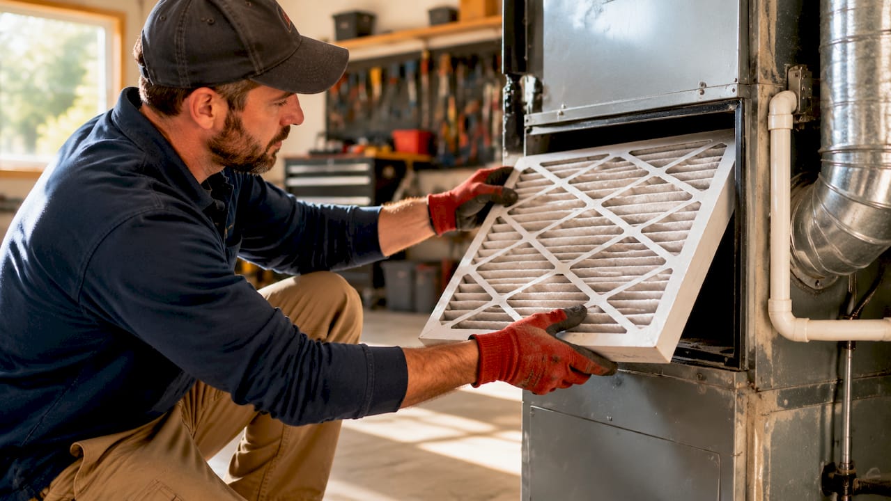 Hands inserting new HVAC air filter into air handler