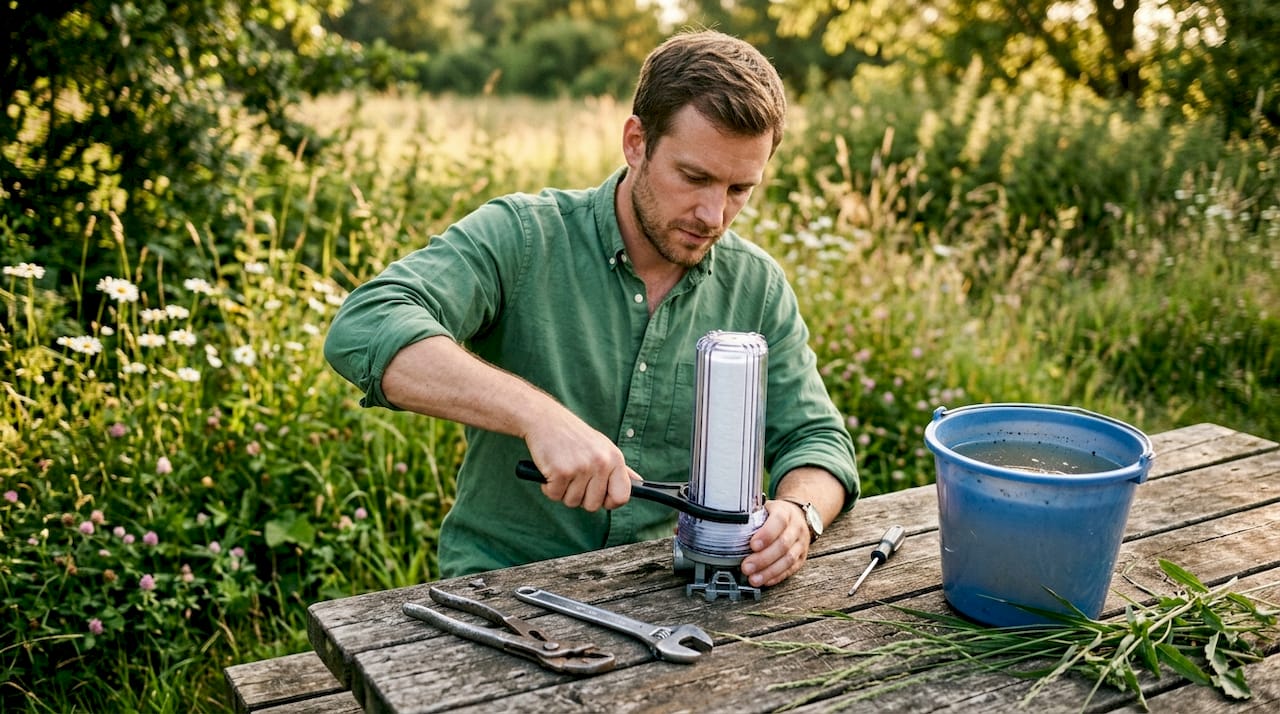 Technician installing mechanical sediment filter