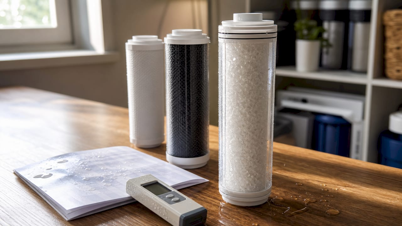 Close-up of remineralization filter cartridge and pH meter