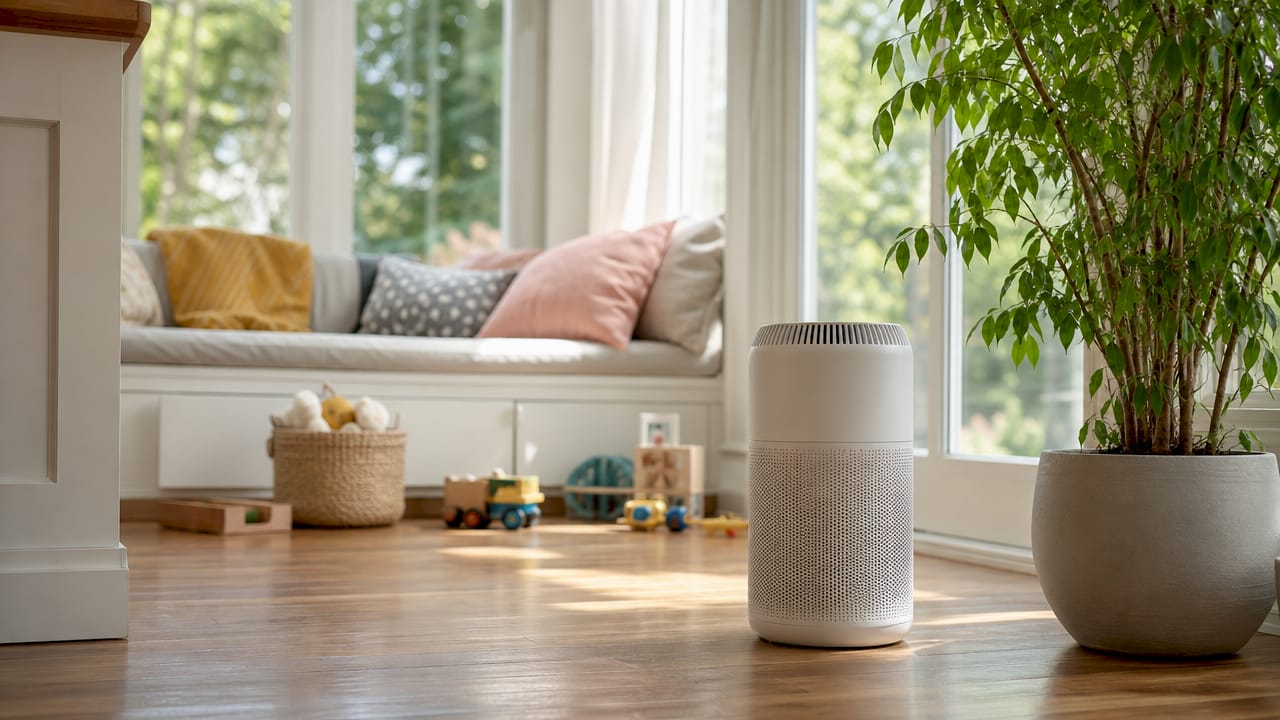 Portable air purifier positioned near bedroom doorway