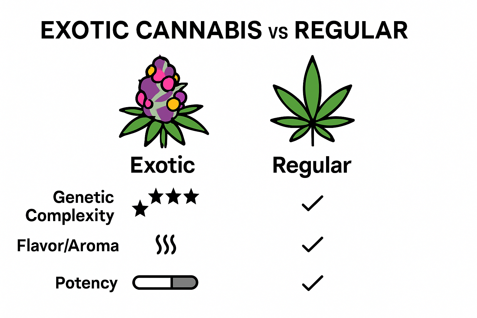 Visual chart comparing exotic and regular cannabis by complexity, aroma, and potency