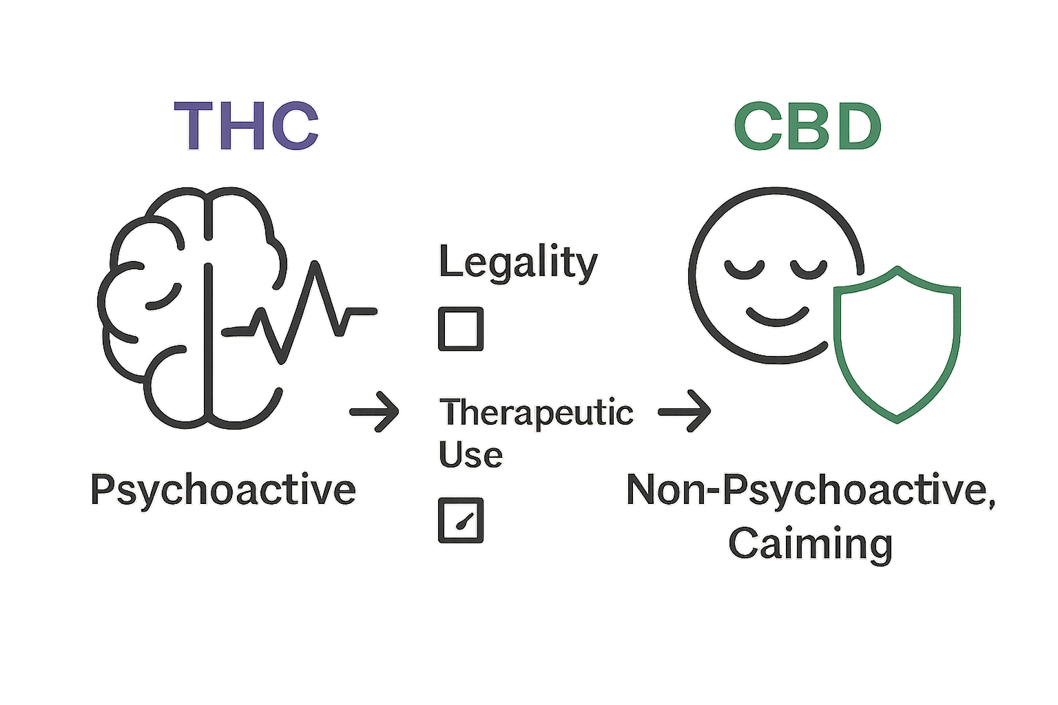 THC versus CBD simple comparison icons for effects and legality