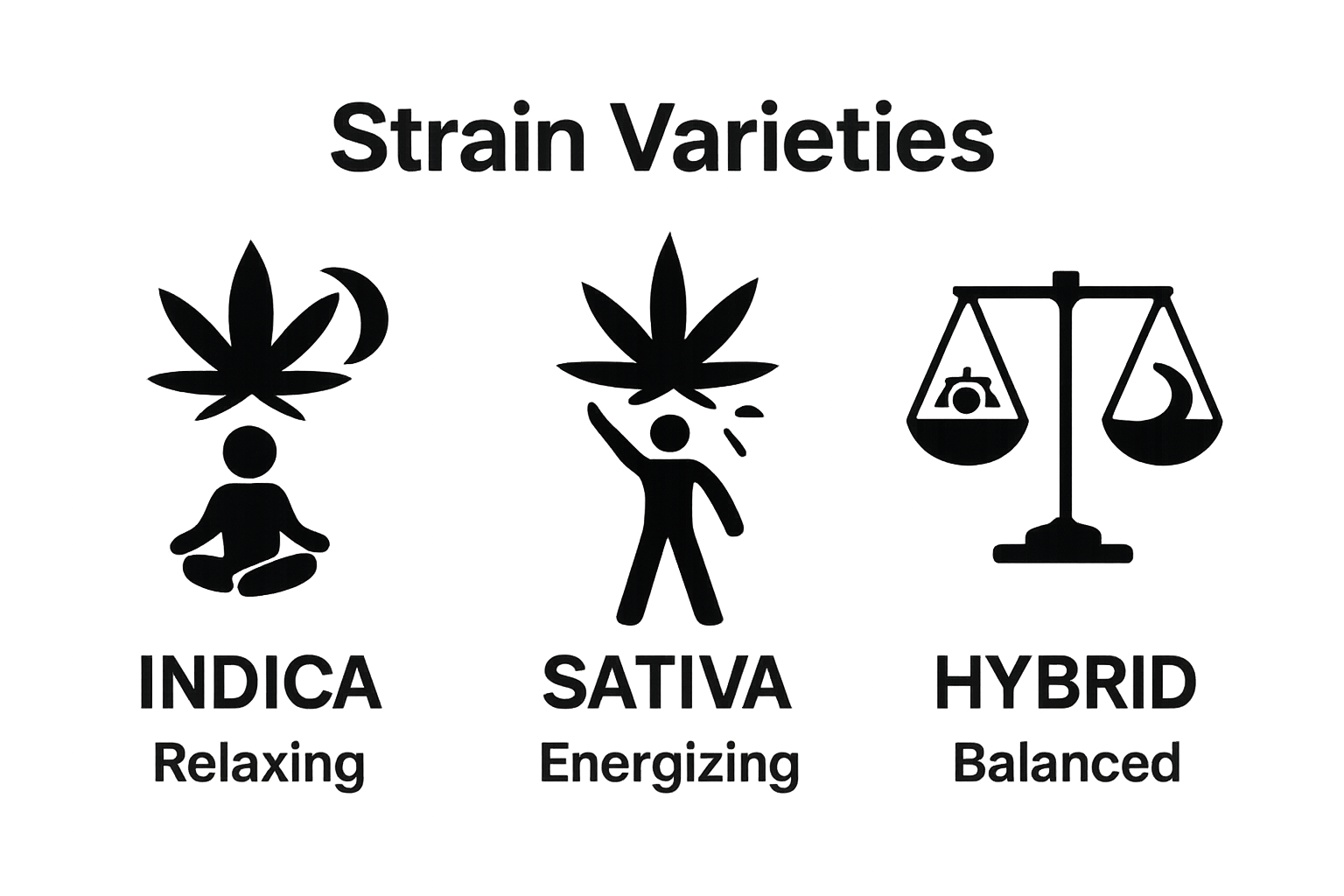 Comparison of Indica, Sativa, and Hybrid prerolls using simple icons