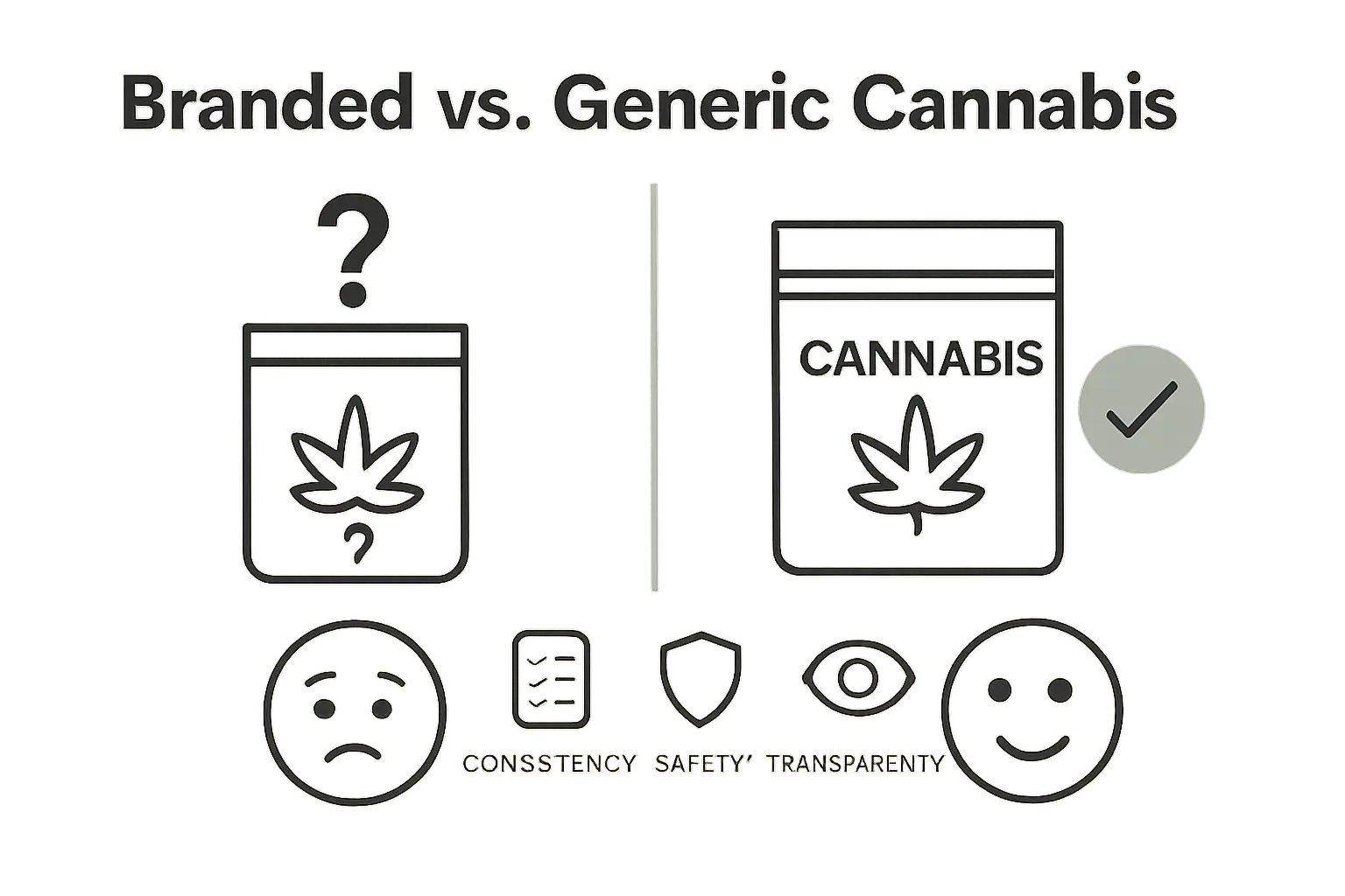 Side-by-side comparison of branded vs generic cannabis with icons for consistency, safety, transparency
