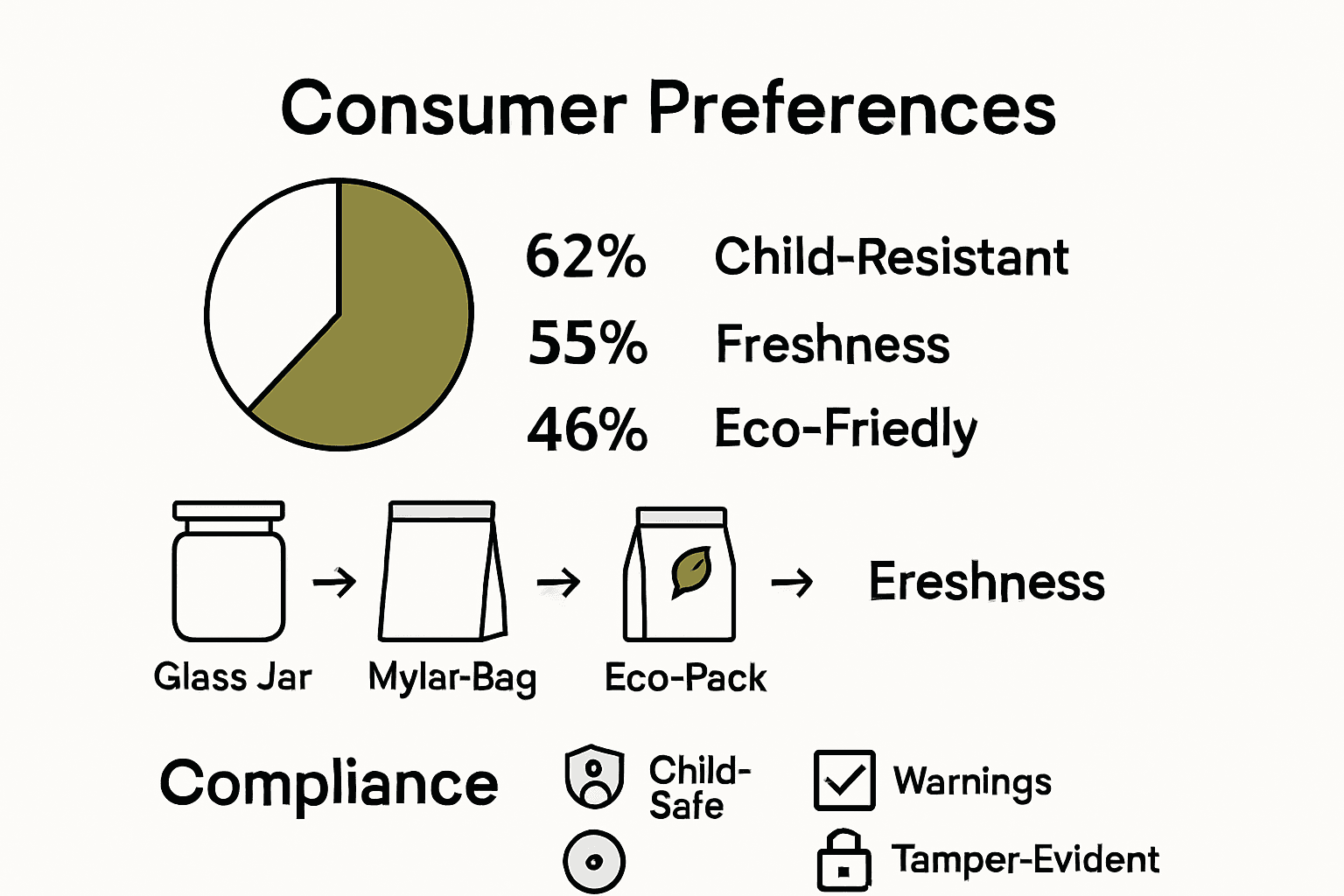 Infographic showing cannabis packaging preferences, common types, and compliance checklist.