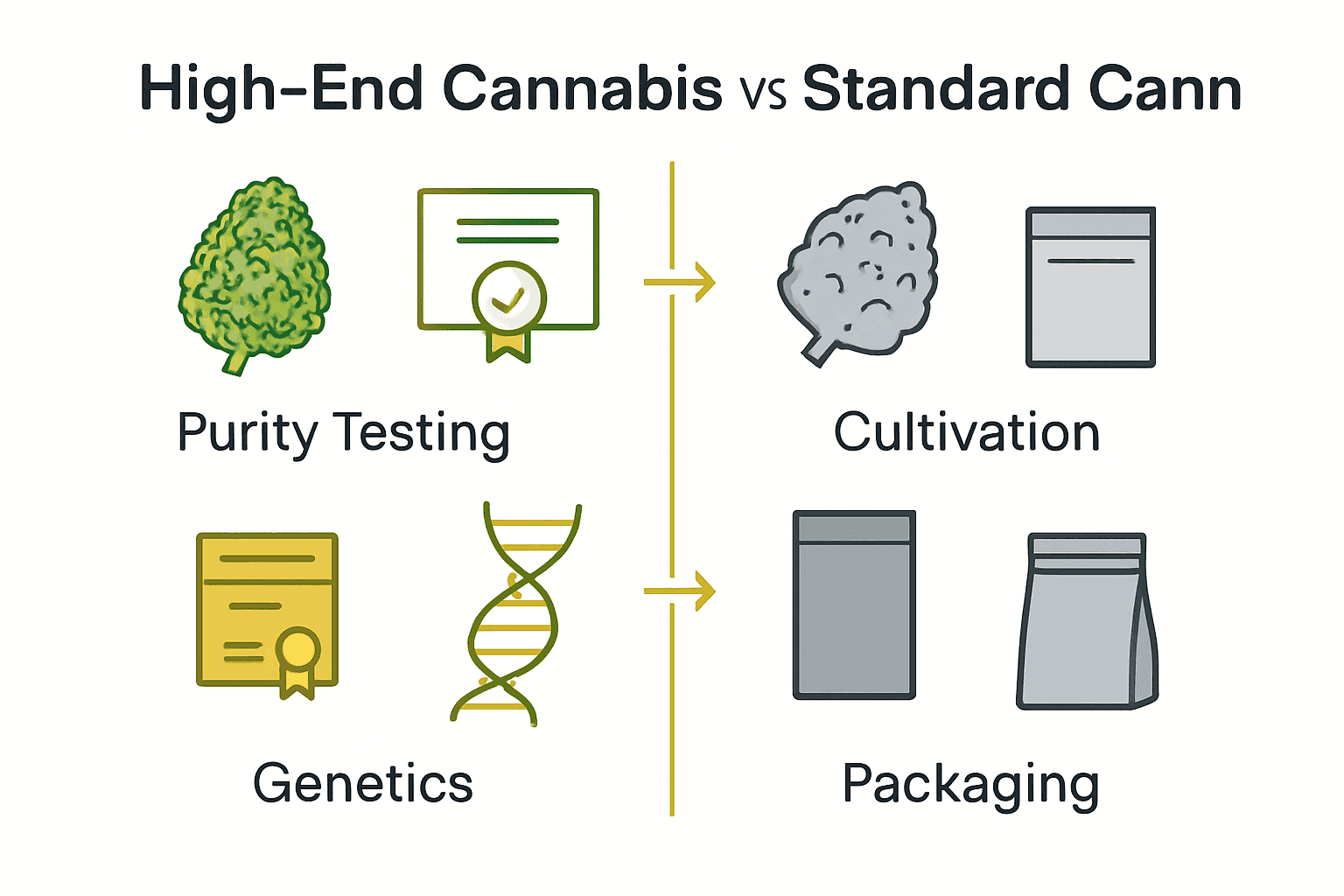 Infographic comparing quality markers of high-end versus standard cannabis.