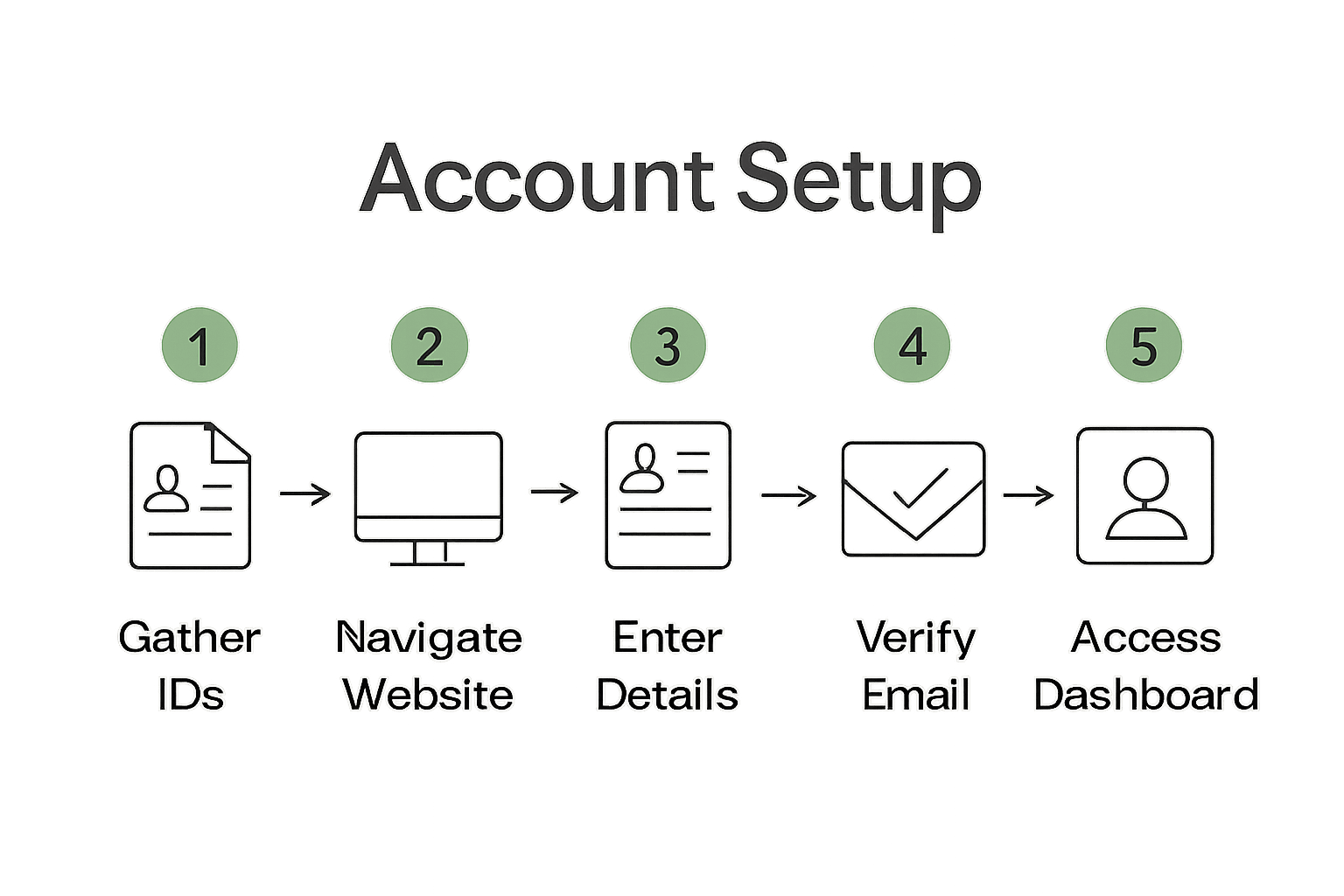 Infographic displaying five key steps in Kaws Cannabis account setup process with matching icons.