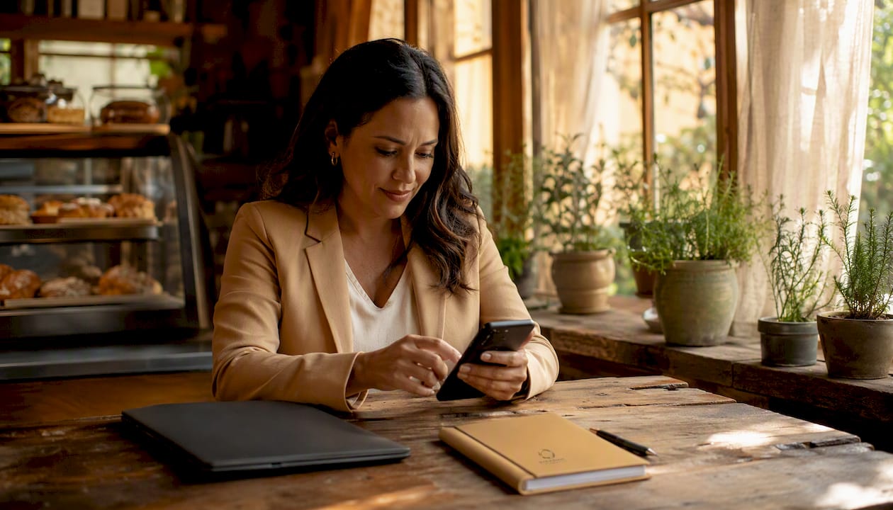 Salon owner using smartphone at reception desk