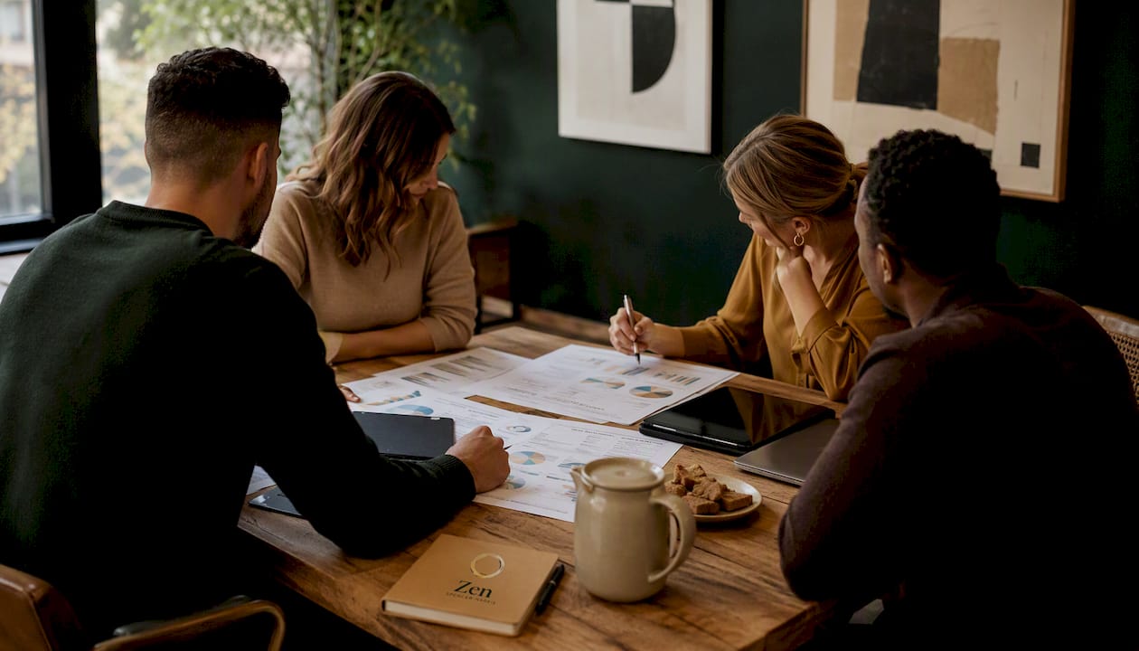 Multi-location brand team planning at conference table