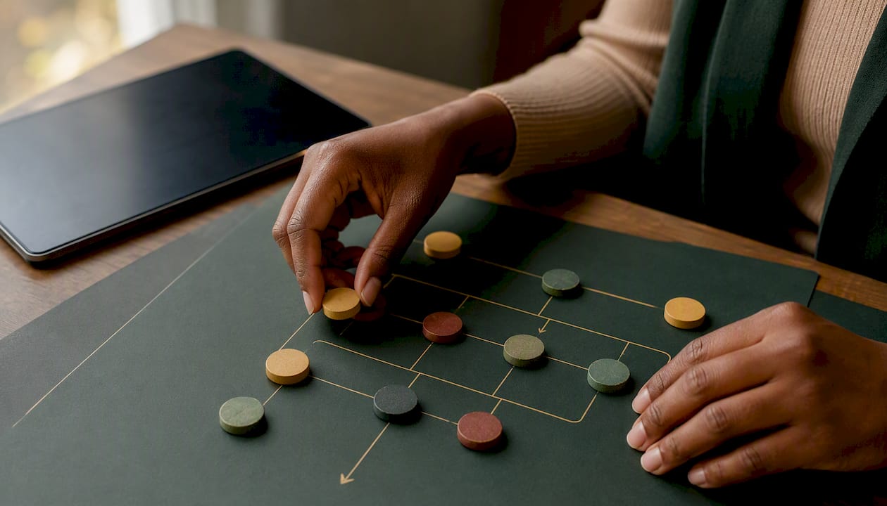 Hands placing tokens on patient acquisition flow board