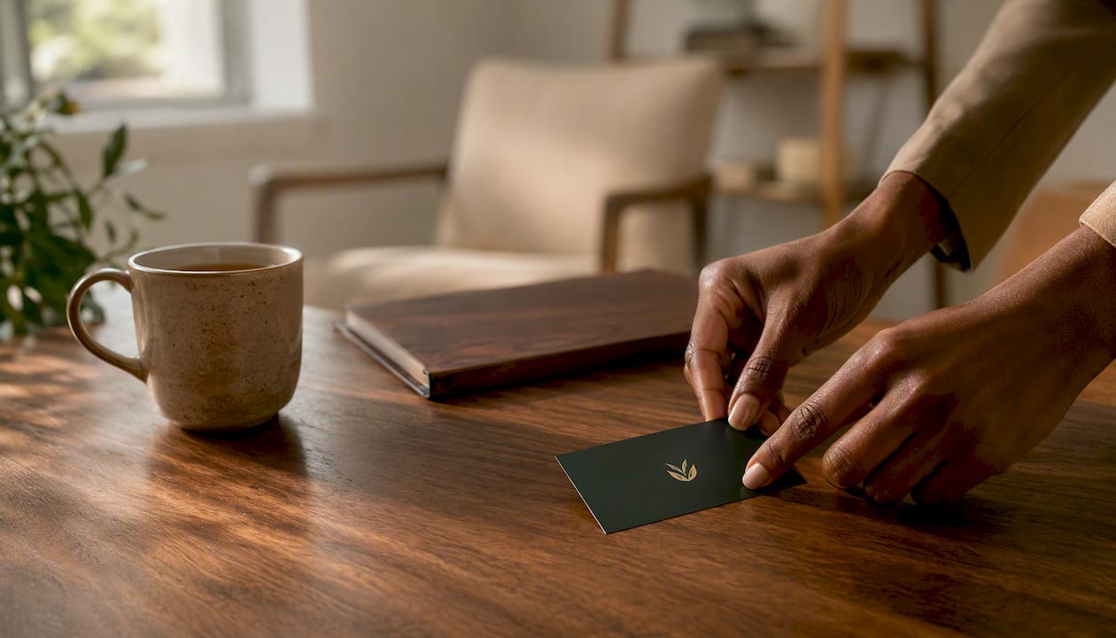 Hands placing business card on green portfolio in office