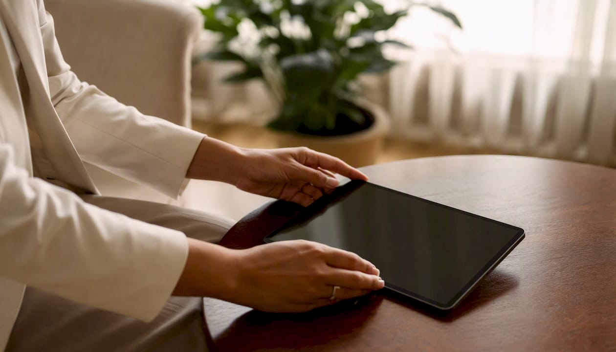Hands holding tablet device in professional healthcare setting