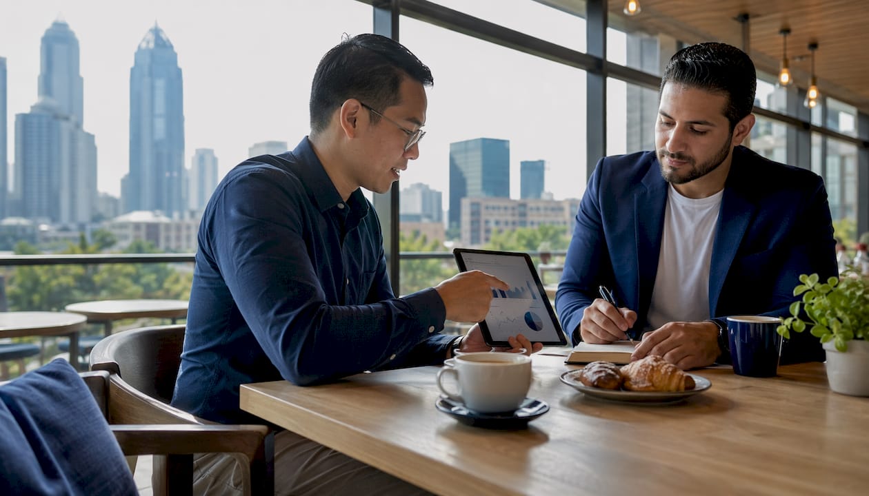 Two professionals reviewing market reports