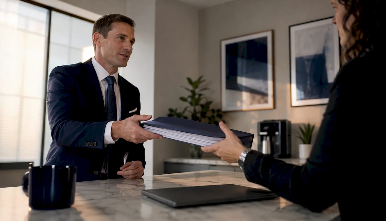 Hands exchanging contract folder in professional office