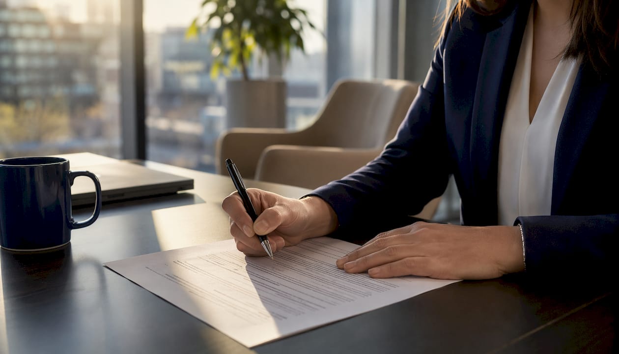 Hands marking estoppel certificate corrections