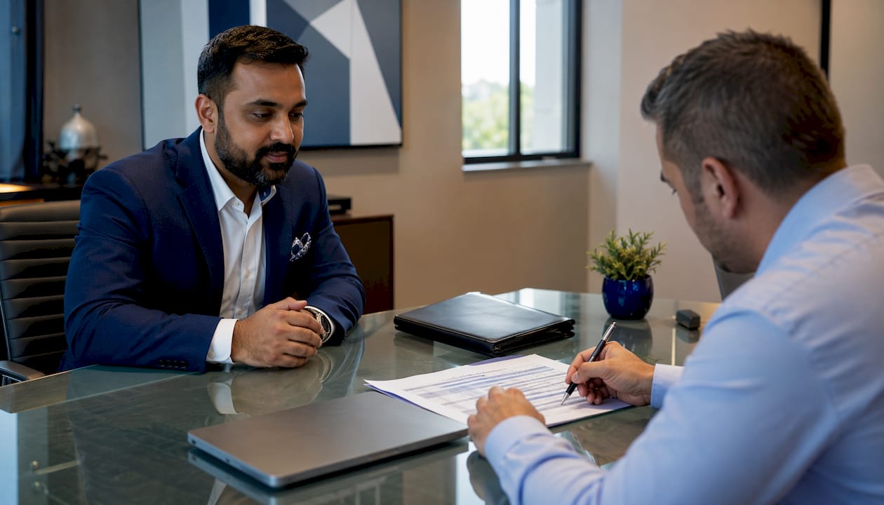 Loan officer consulting client on loan sizing