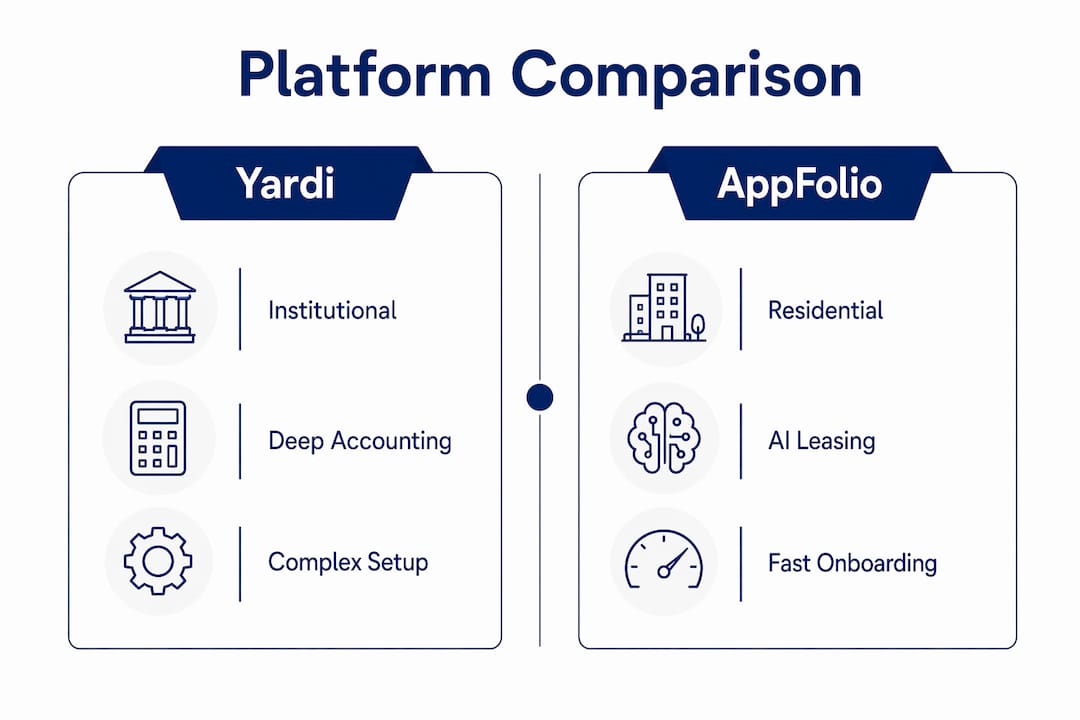 Infographic comparing Yardi and AppFolio platforms