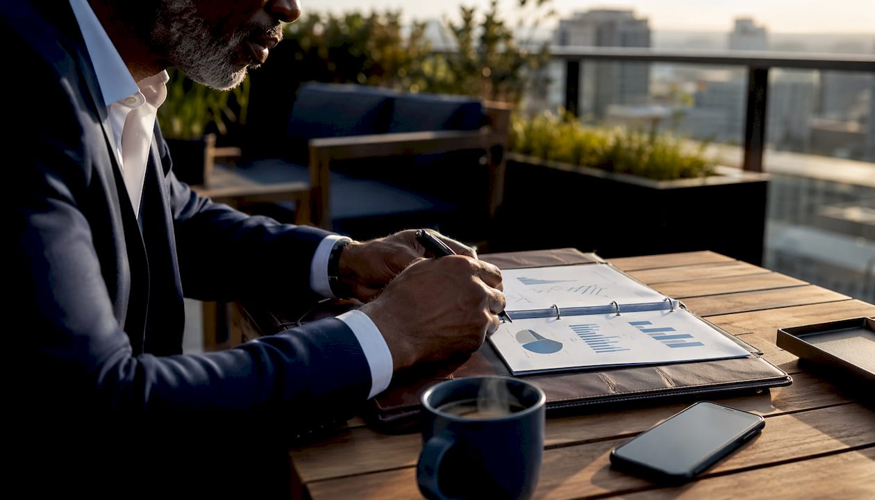 Investor analyzing NNN lease return documents outdoors