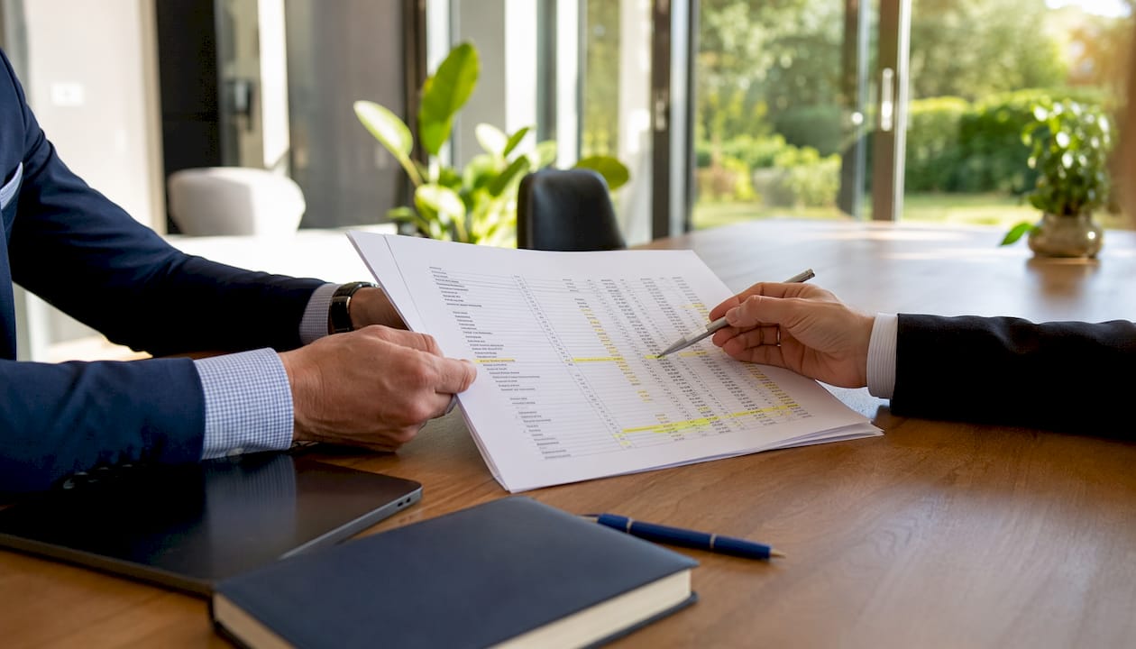 Hands reviewing lease abstracts at meeting table