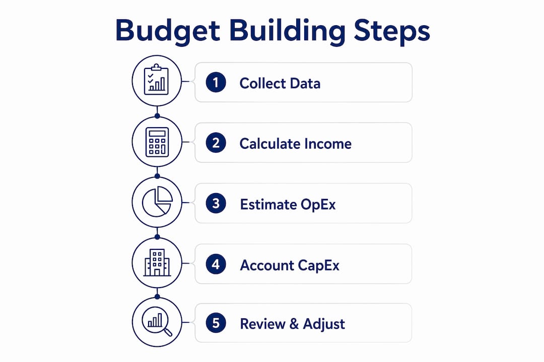 Infographic showing five budget building steps