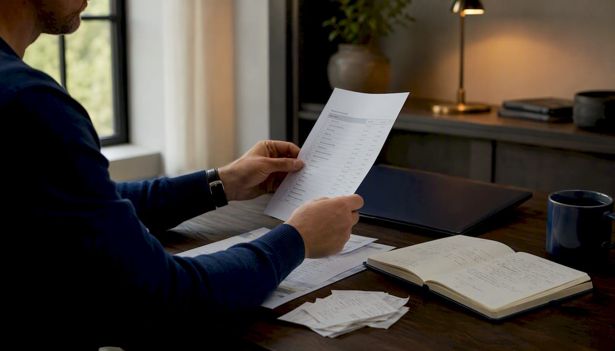 Hands holding commercial maintenance invoice overhead