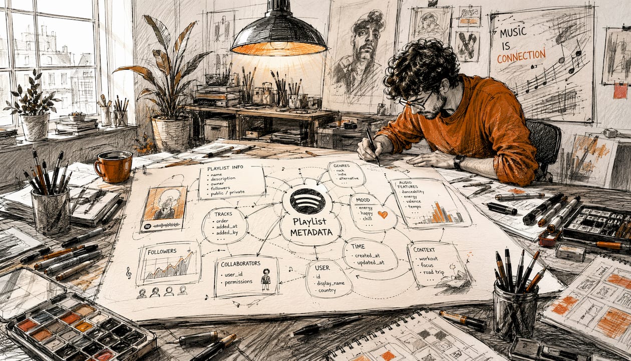 Detailed charcoal sketches of playlist metadata connections