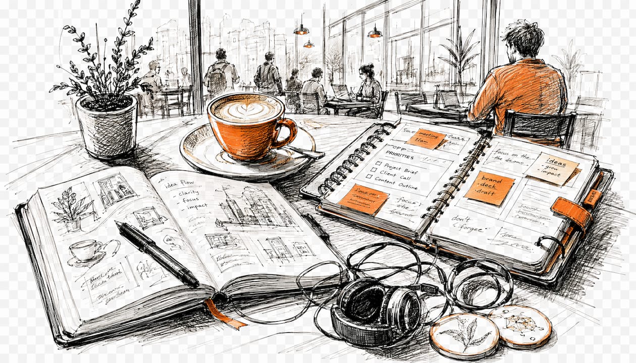 Sketch of artist's organized fan funnel workspace