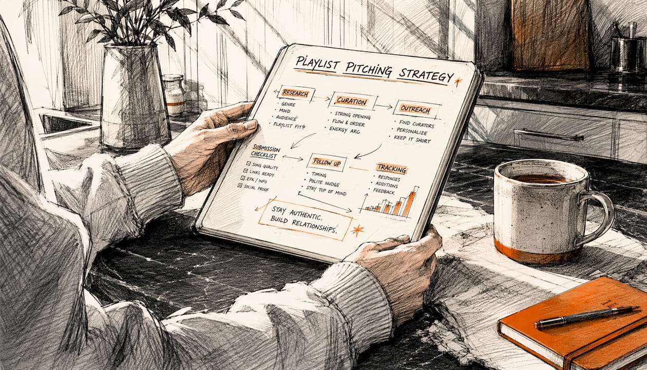 Hands holding sketchbook with playlist pitching diagrams