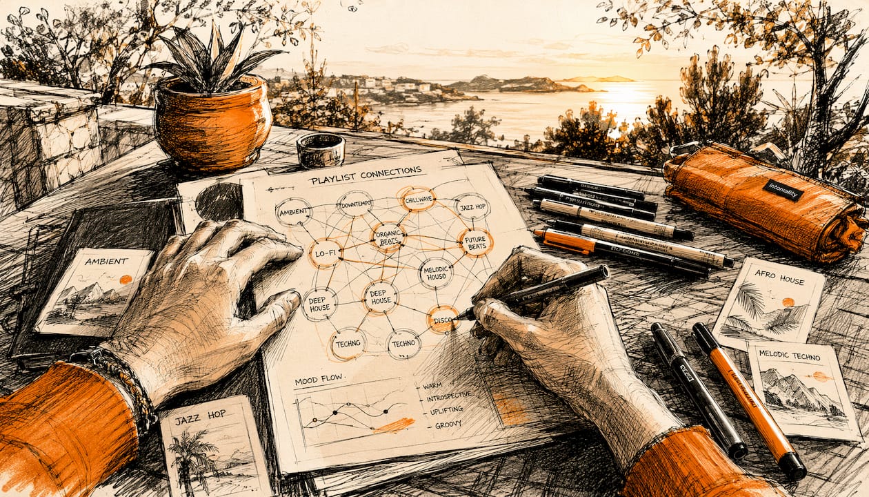 Hands sketching music playlist strategies