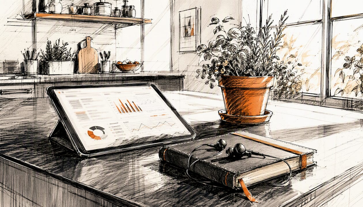 Workspace with tablet and music promotion tools