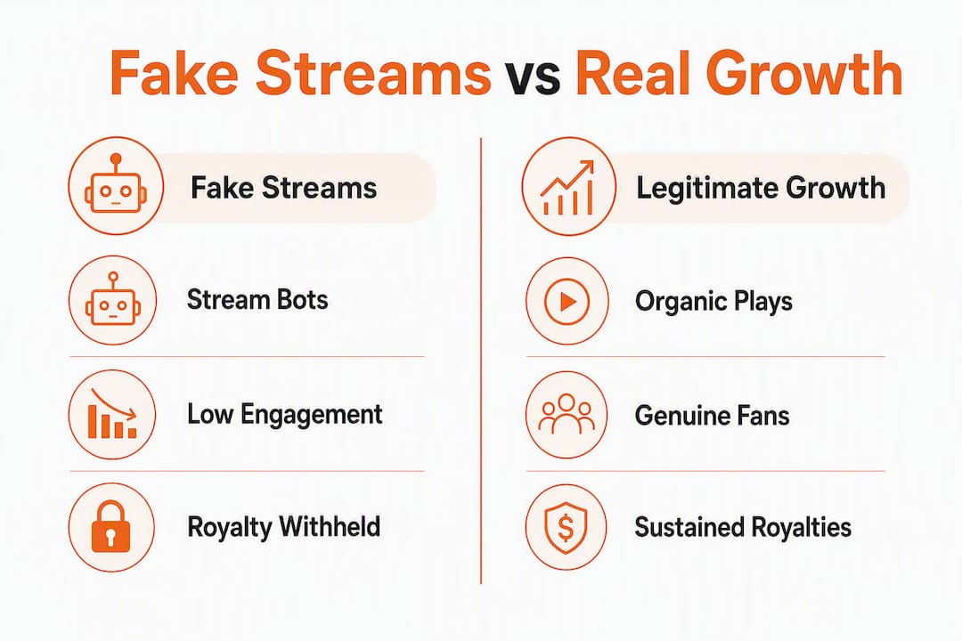 Infographic comparing fake streams and legitimate growth