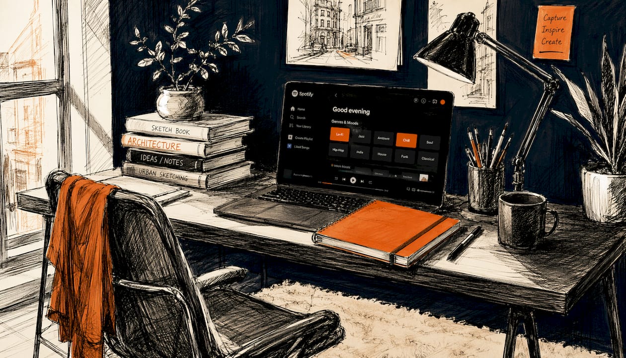 Over-shoulder view of Spotify artist profile desktop