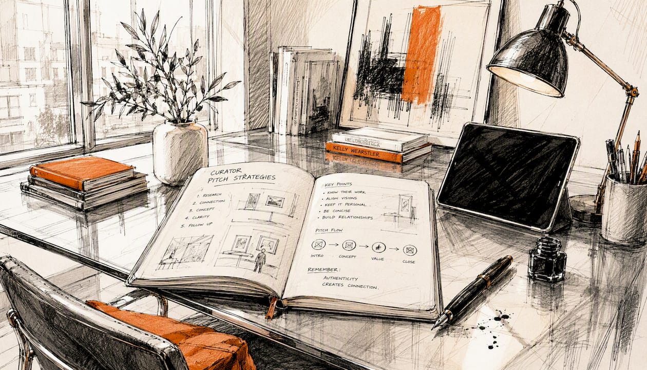 Studio table with curator pitching notes and tablet