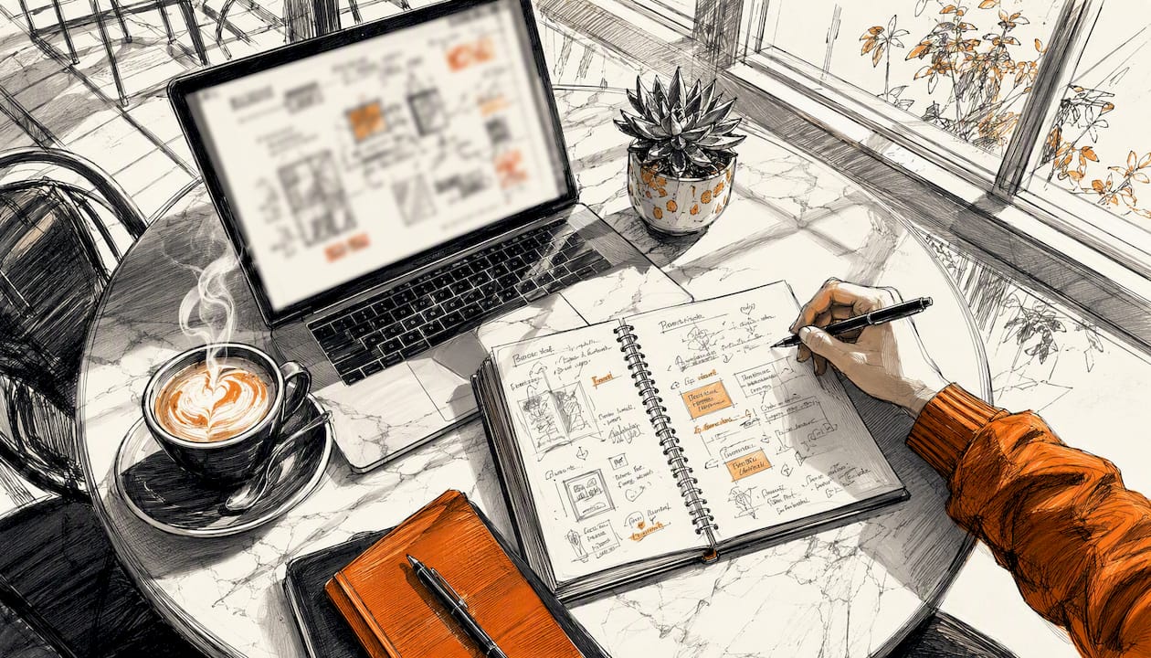 Side view of laptop and notes with plant in sketch style