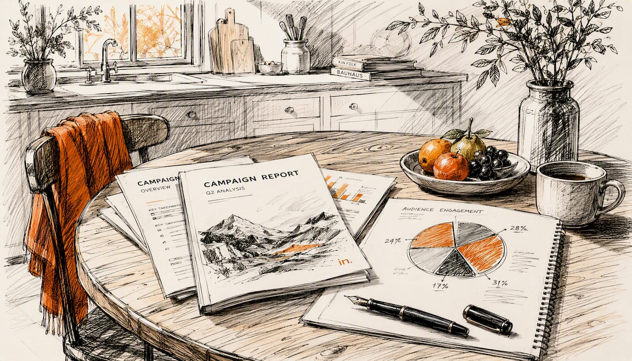 Close-up sketch of campaign reports and charts on desk
