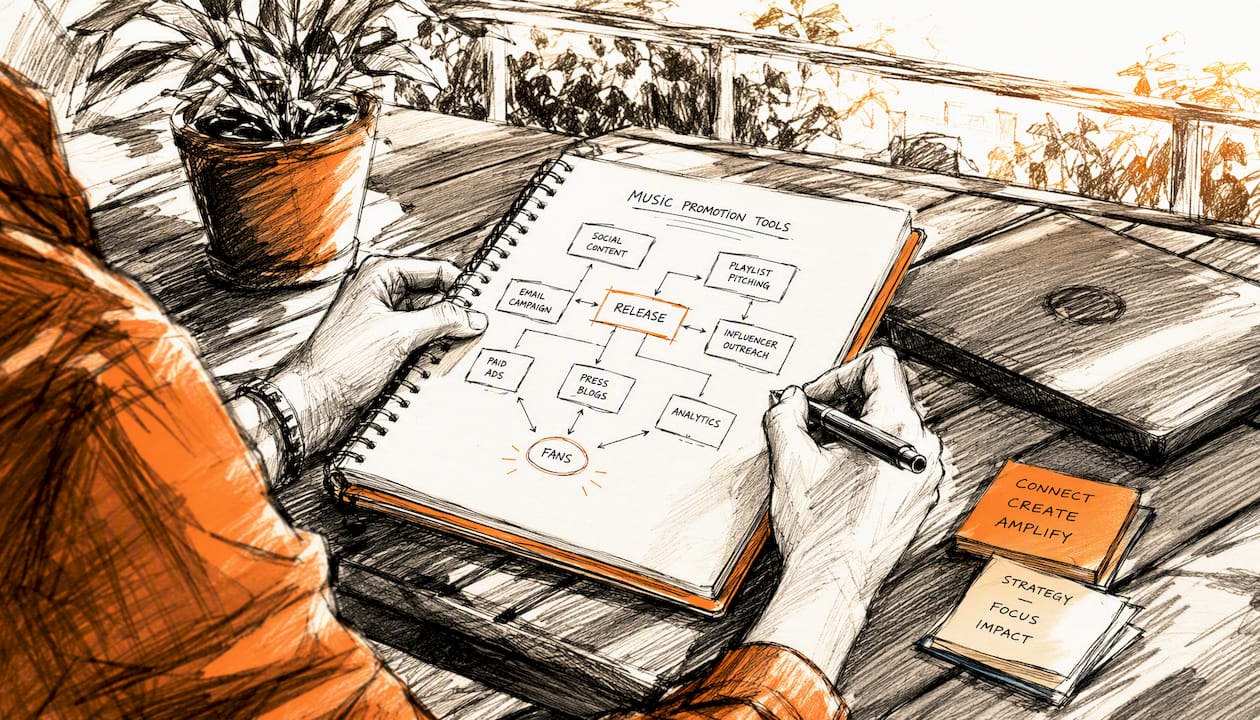 Hands sketching music tool workflow in sketchbook