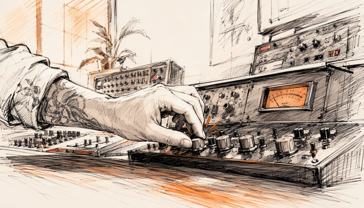 Hand adjusting audio equipment in dark studio