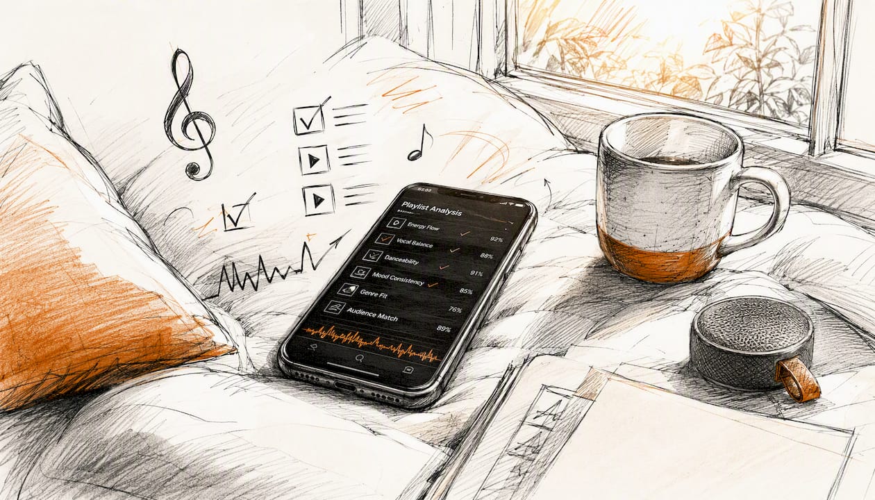 Desk with blurred smartphone and music notes