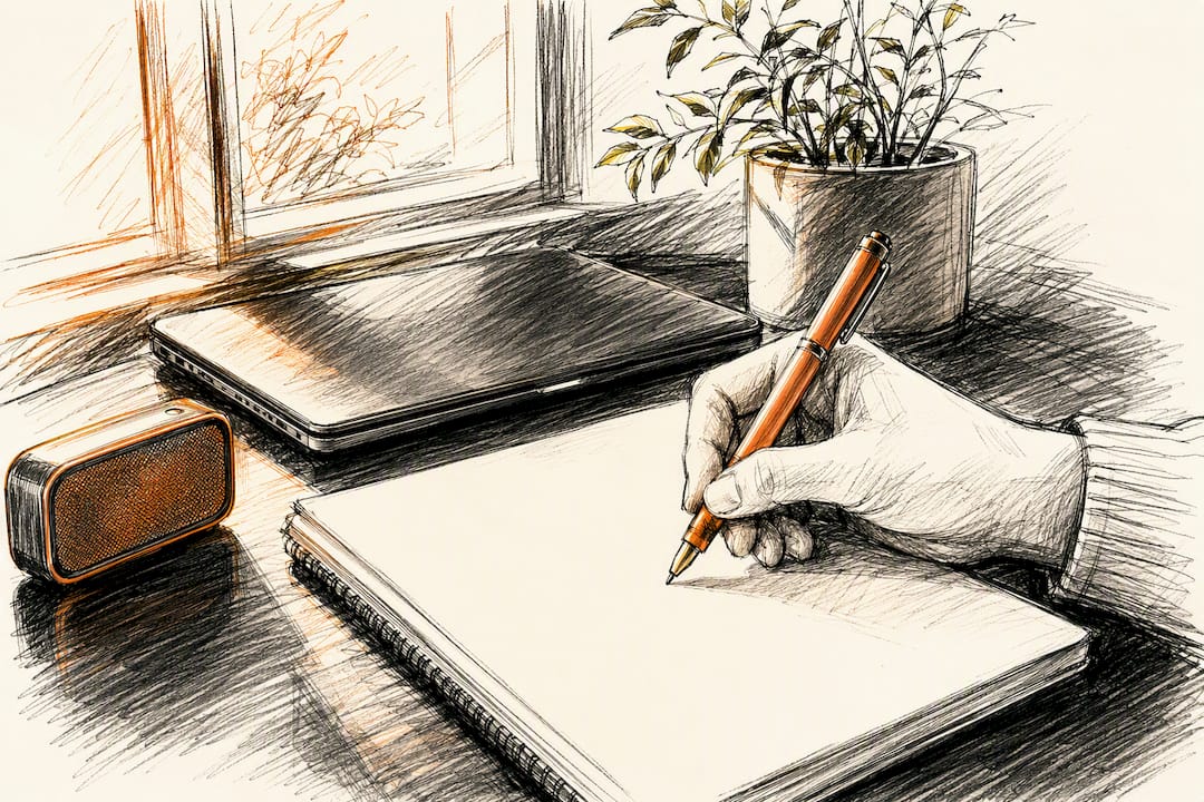 Hand holding pen over blank page on dark desk