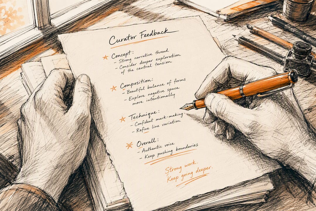 Hands writing feedback notes on cream paper