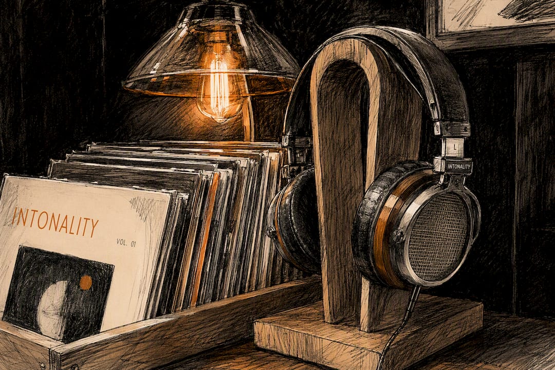 Vinyl records and headphones in artist's cozy corner
