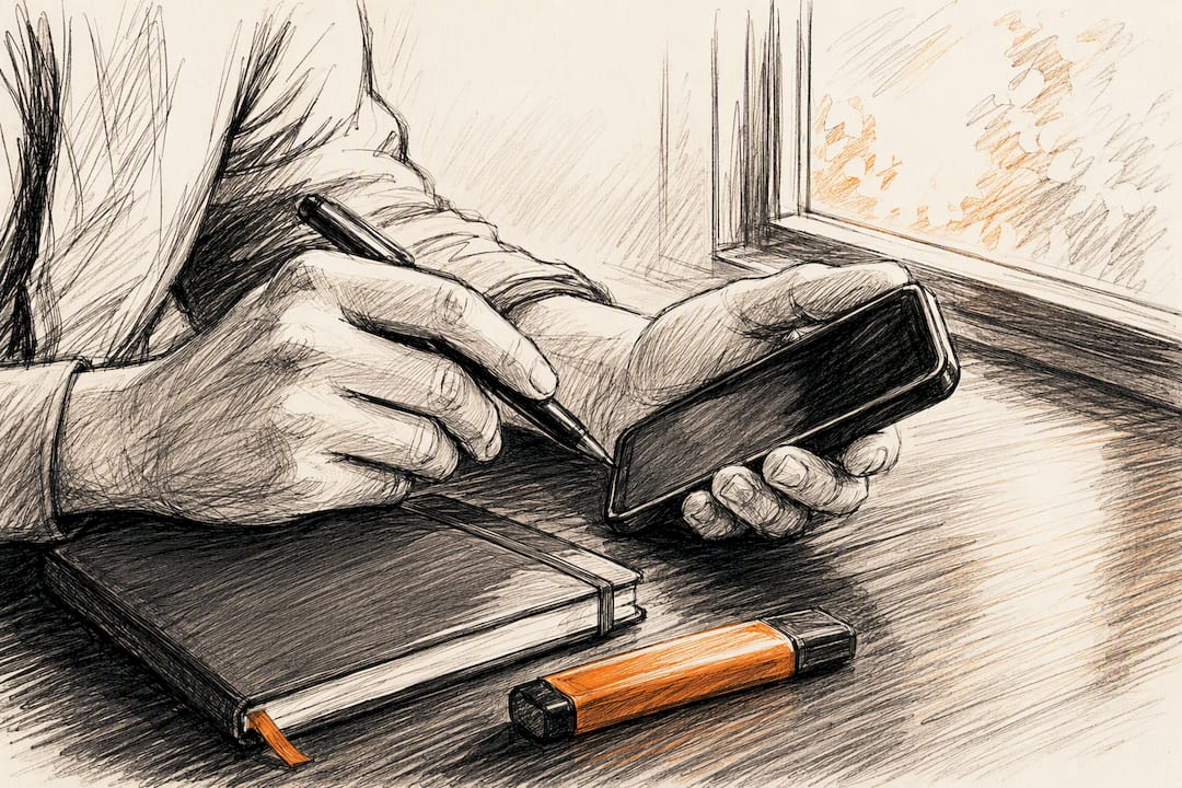 Hands holding stylus and phone on dark desk