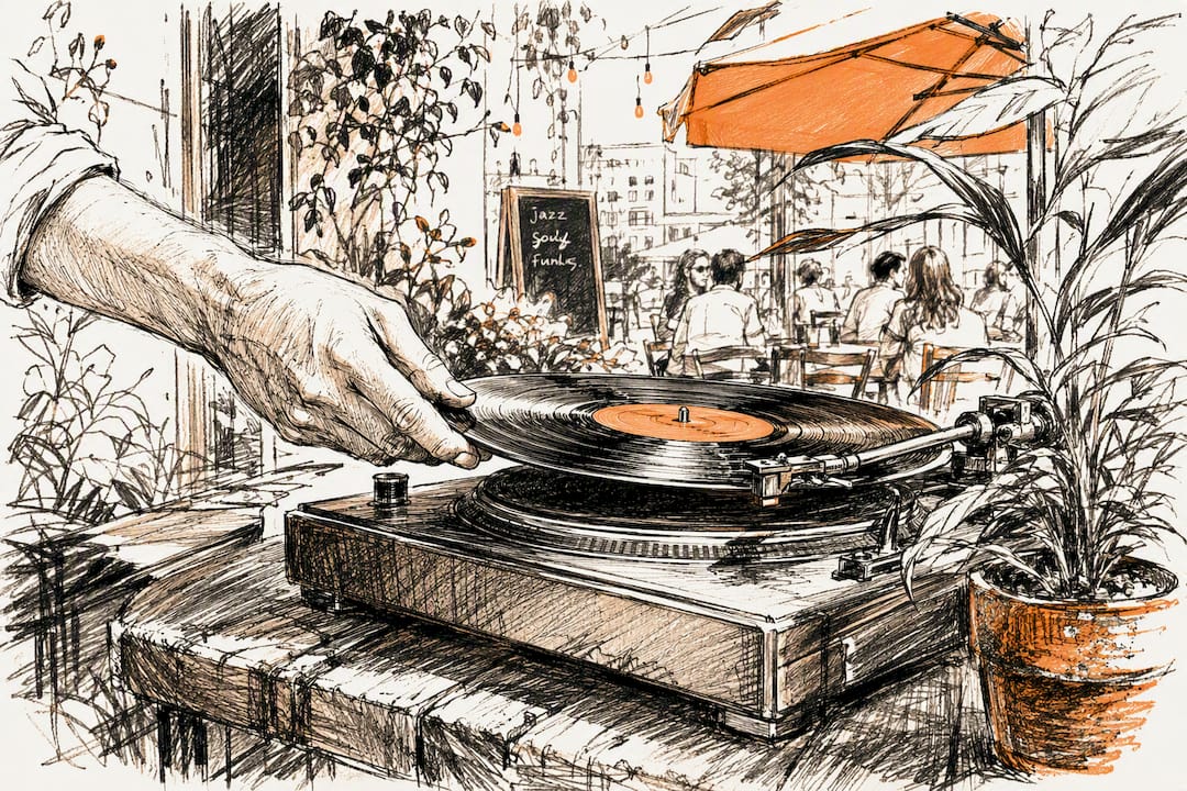 Charcoal sketch hand placing vinyl record