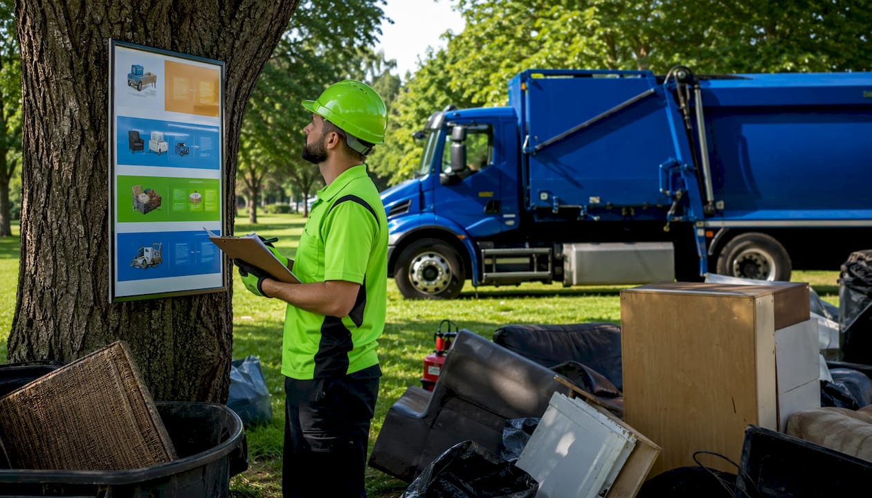 Junk removal technician reviewing pricing sheet