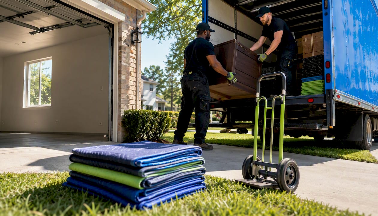 Cleanout workers loading truck outside garage