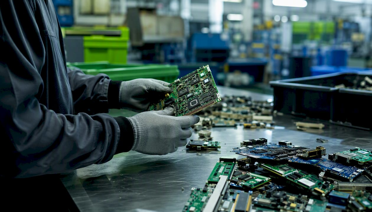 Hands inspecting circuit boards at recycler