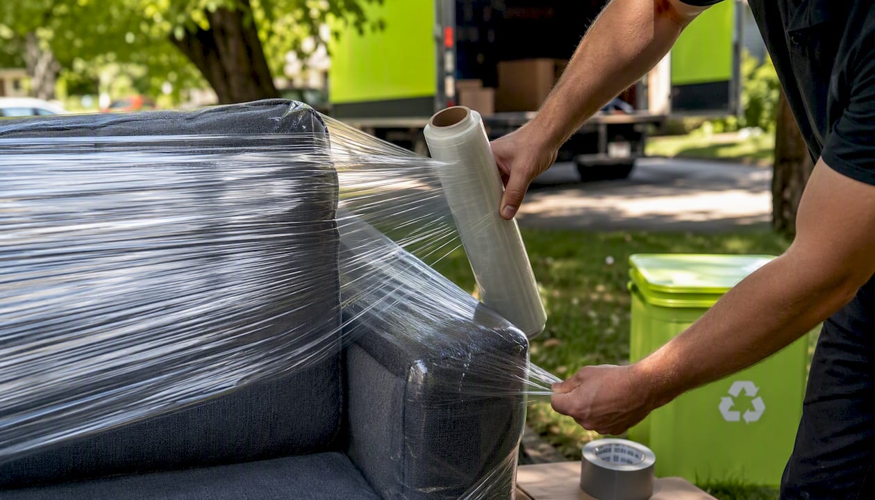 Hands wrapping couch in plastic for junk pickup