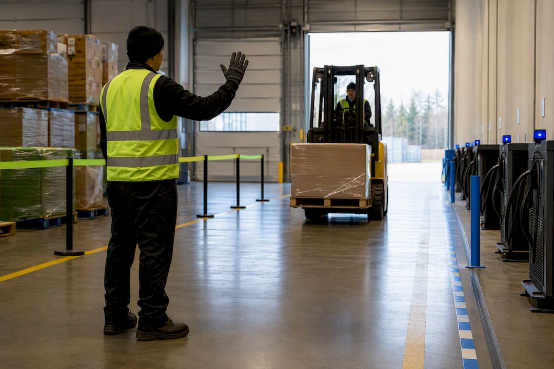 Spotter guiding forklift through clear aisle